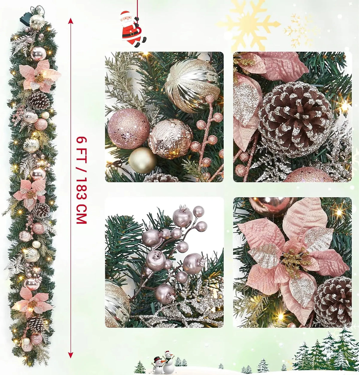 Tacleekii Prelit Christmas Garland With Timer And Festive Ornaments