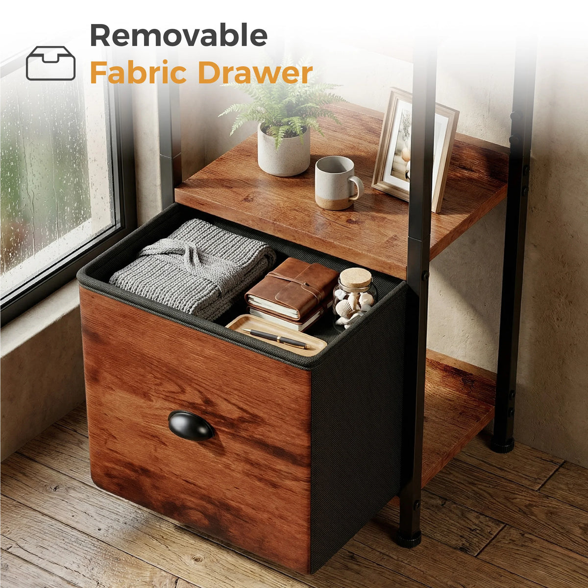 Industrial Metal Bookshelf With Fabric Drawer And Display Shelves