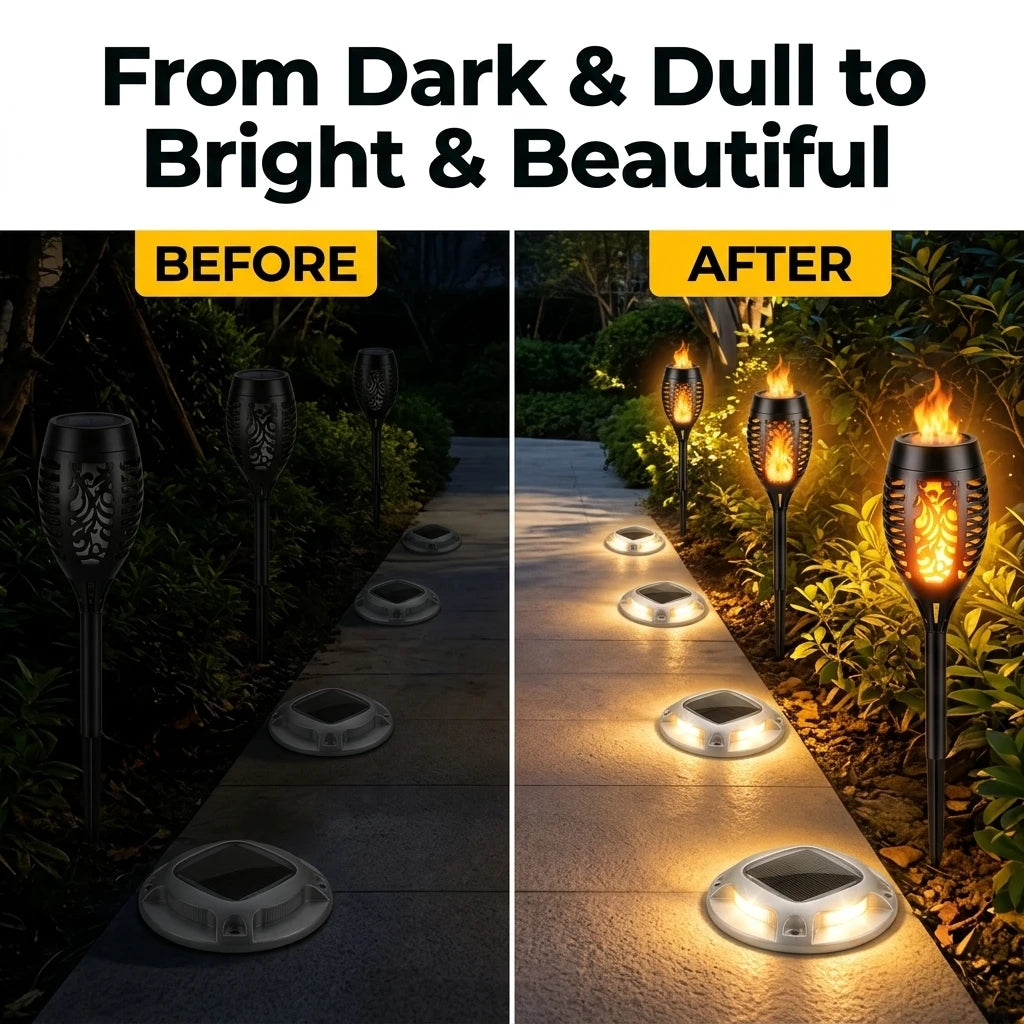 Solar Outdoor Flame Torch and Ground Pathway Lights for Gardens
