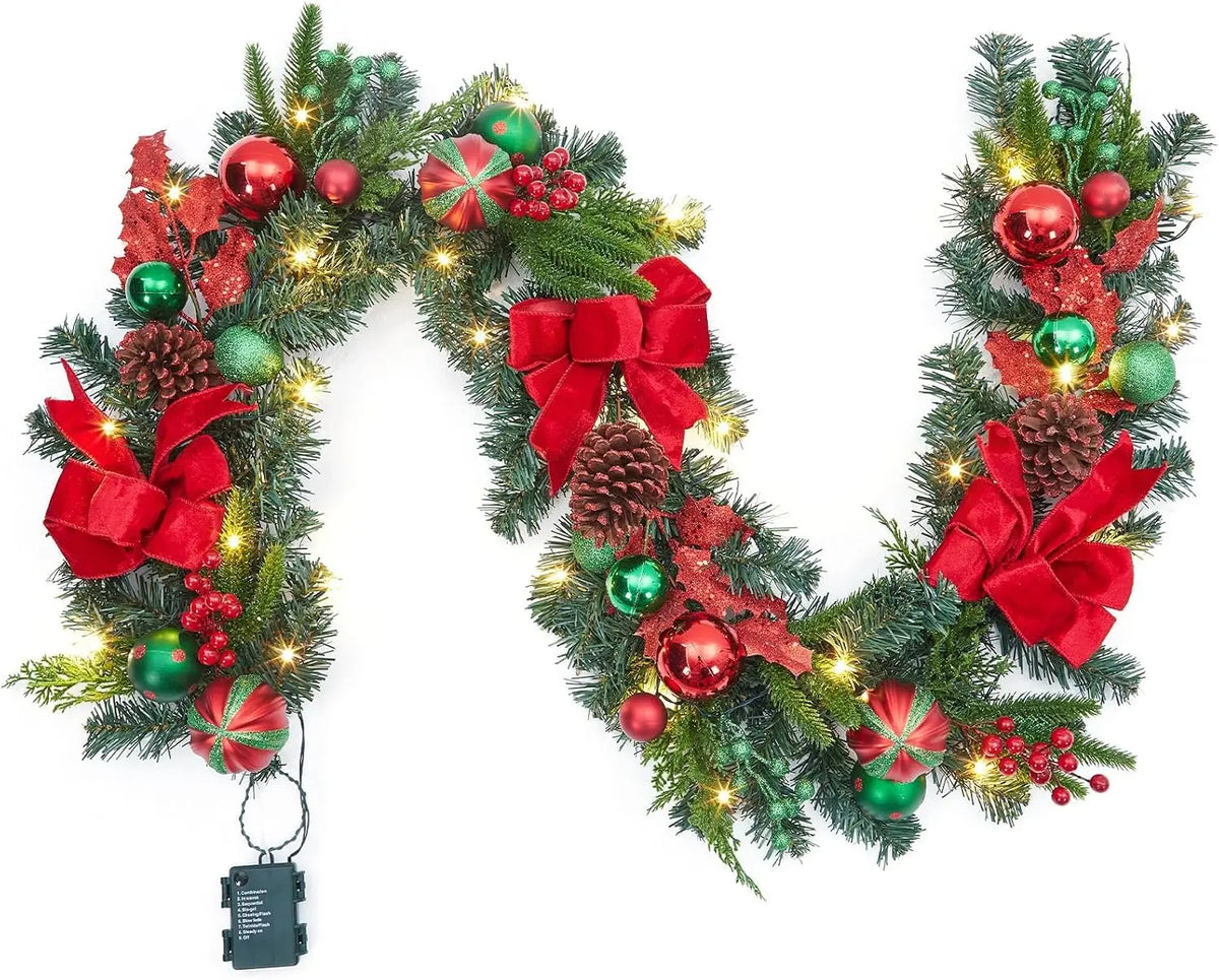 Tacleekii Prelit Christmas Garland With Timer And Festive Ornaments
