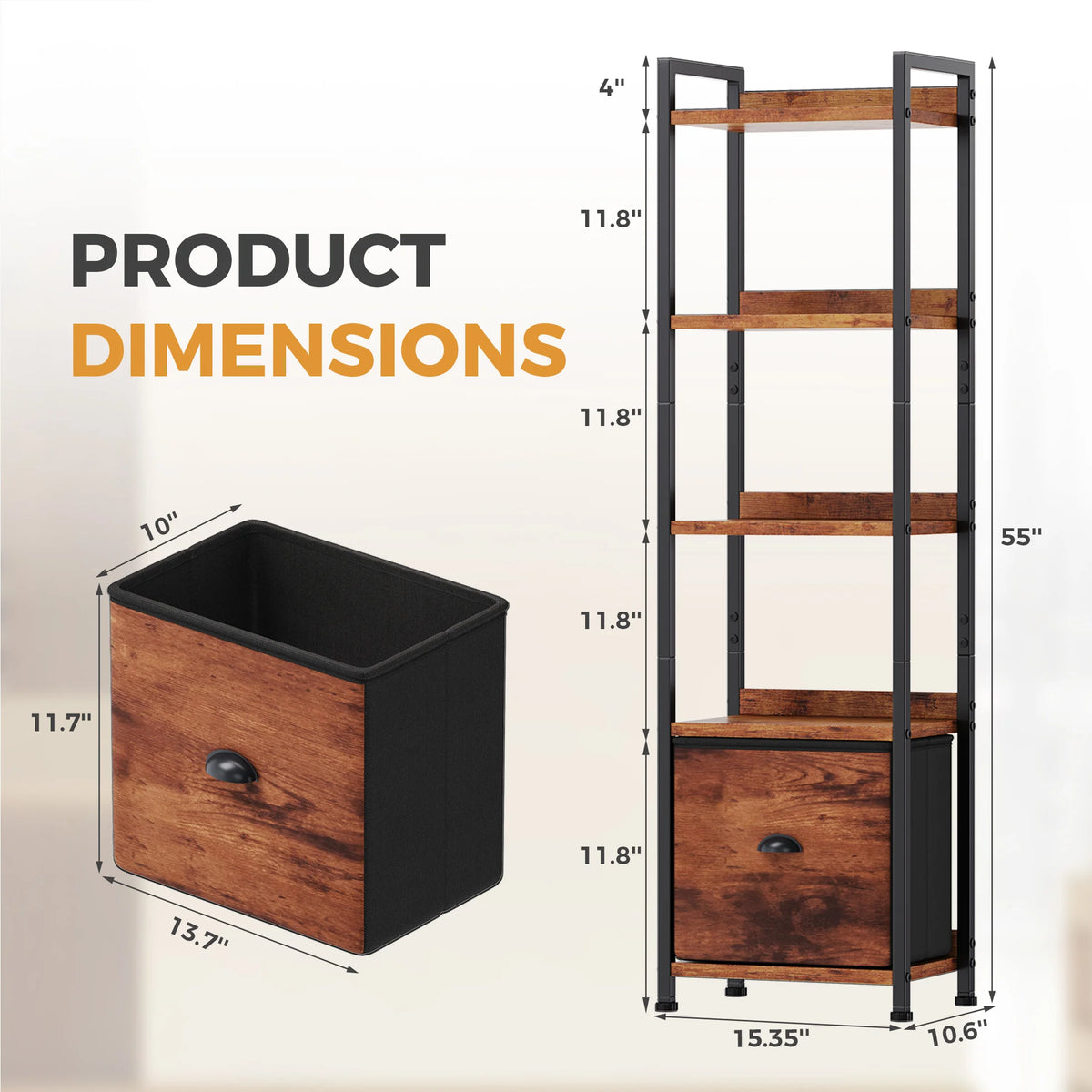 Industrial Metal Bookshelf With Fabric Drawer And Display Shelves
