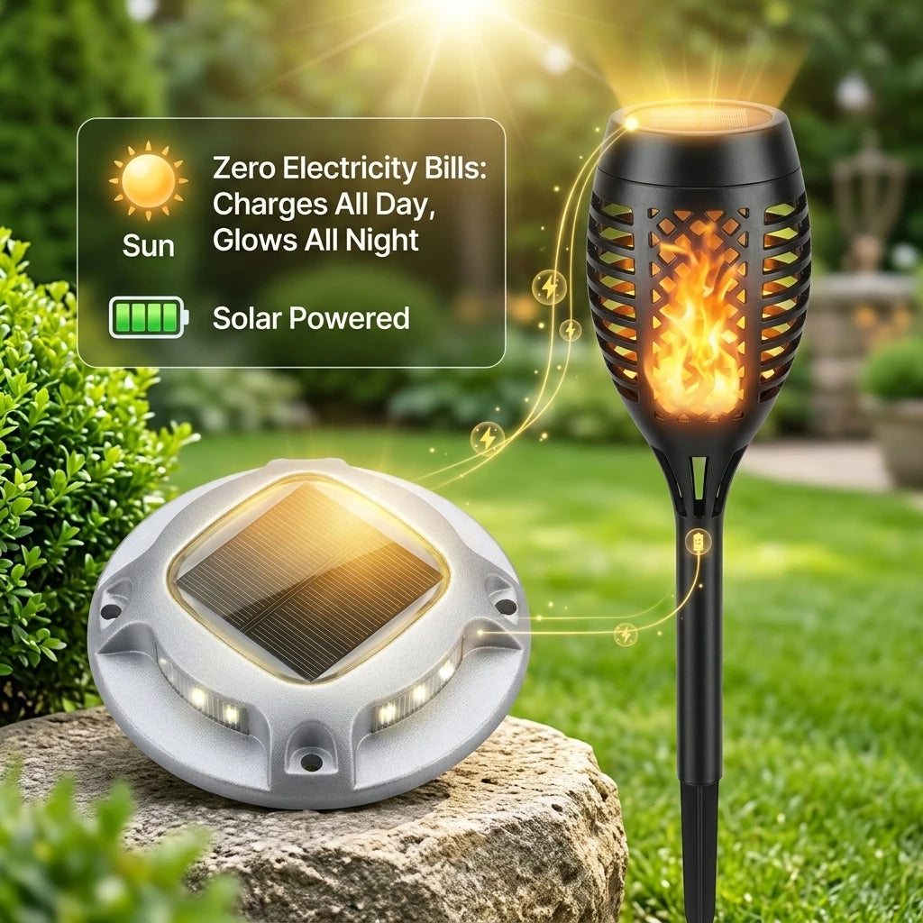 Solar Outdoor Flame Torch and Ground Pathway Lights for Gardens