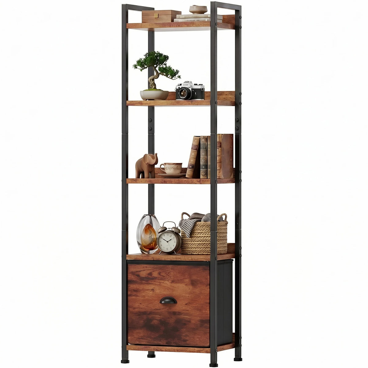 Industrial Metal Bookshelf With Fabric Drawer And Display Shelves