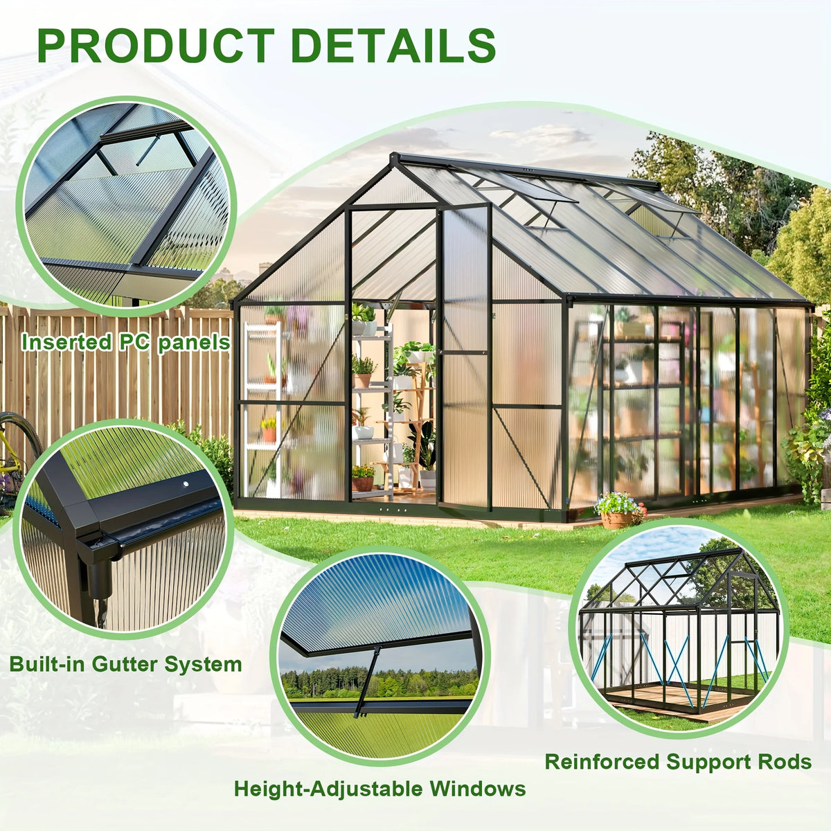 VIWAT Polycarbonate Greenhouse with Aluminum Frame and Vent Roof