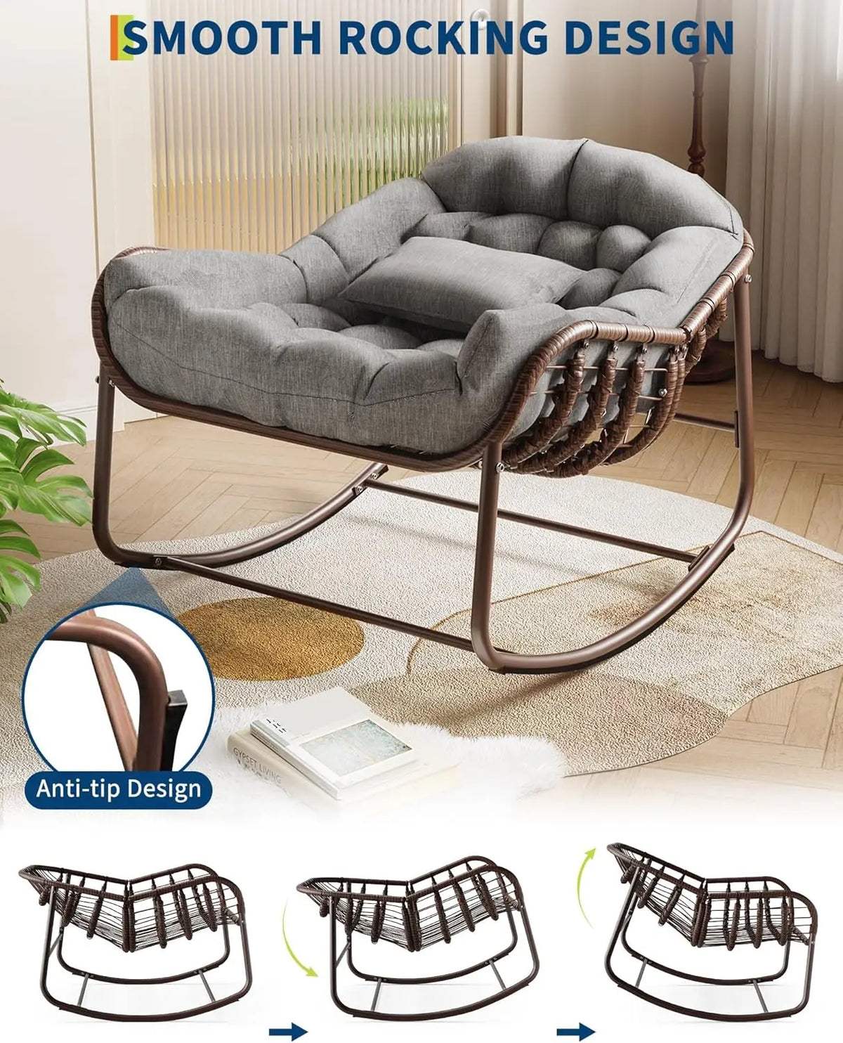 HiMISS Outdoor Papasan Egg Rocking Chair With Wicker Cushion