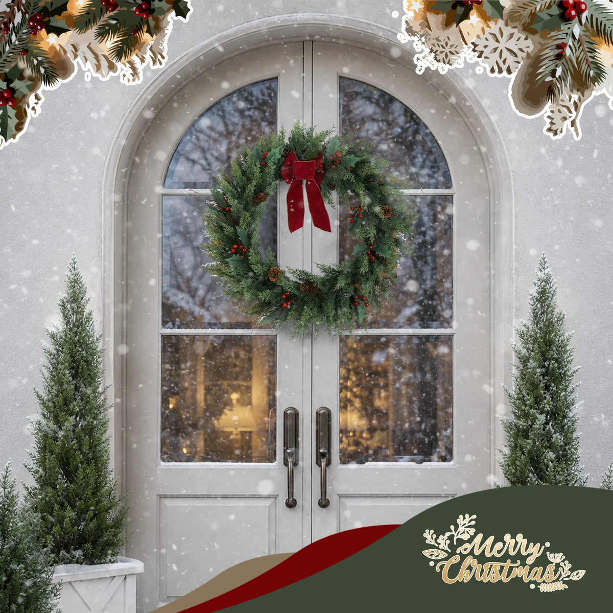 Olitree Foldable Artificial Cedar Christmas Wreath With Pinecones And Berries