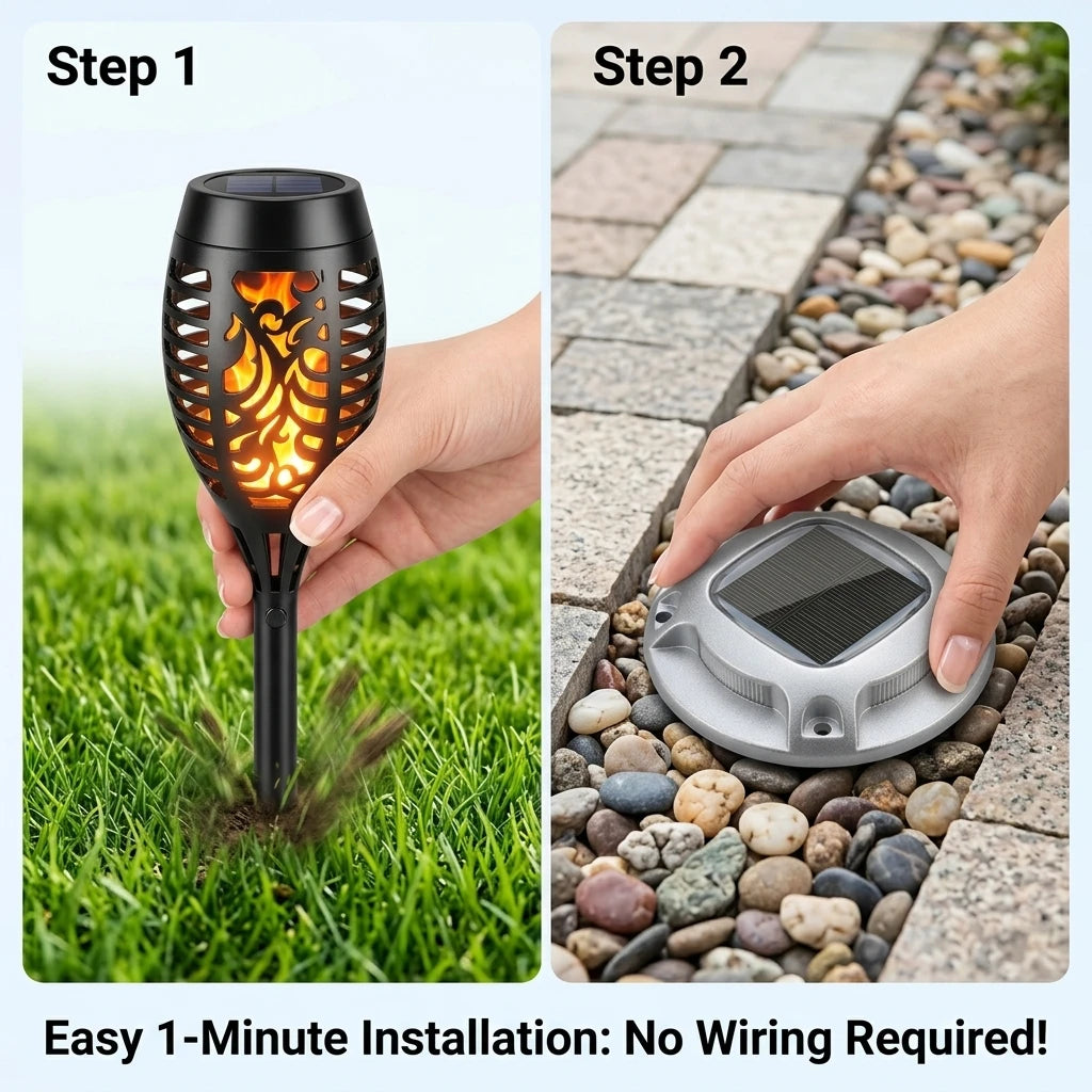 Solar Outdoor Flame Torch and Ground Pathway Lights for Gardens