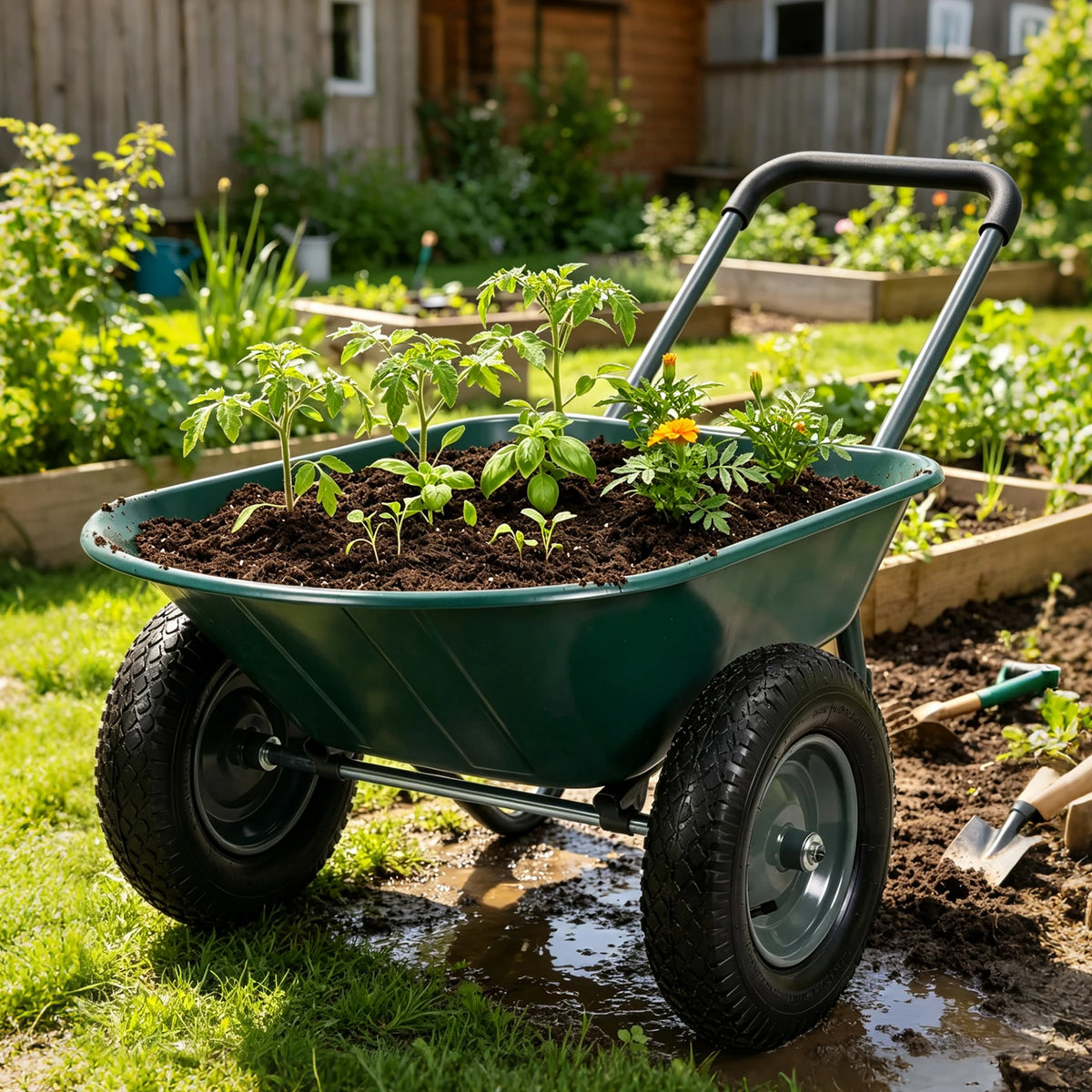 HiMISS Dual Wheelbarrow Garden Utility Cart With Dump Bed