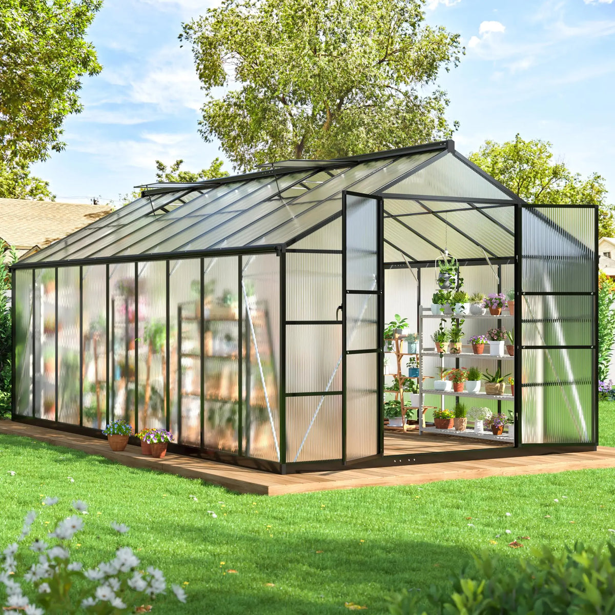 VIWAT Polycarbonate Greenhouse with Aluminum Frame and Vent Roof