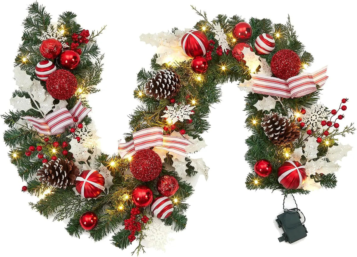 Tacleekii Prelit Christmas Garland With Timer And Festive Ornaments