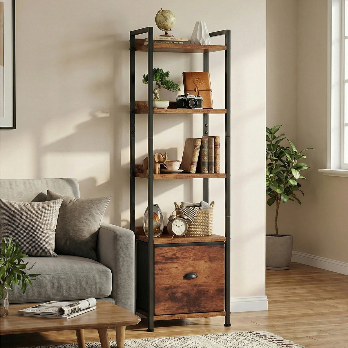 Industrial Metal Bookshelf With Fabric Drawer And Display Shelves