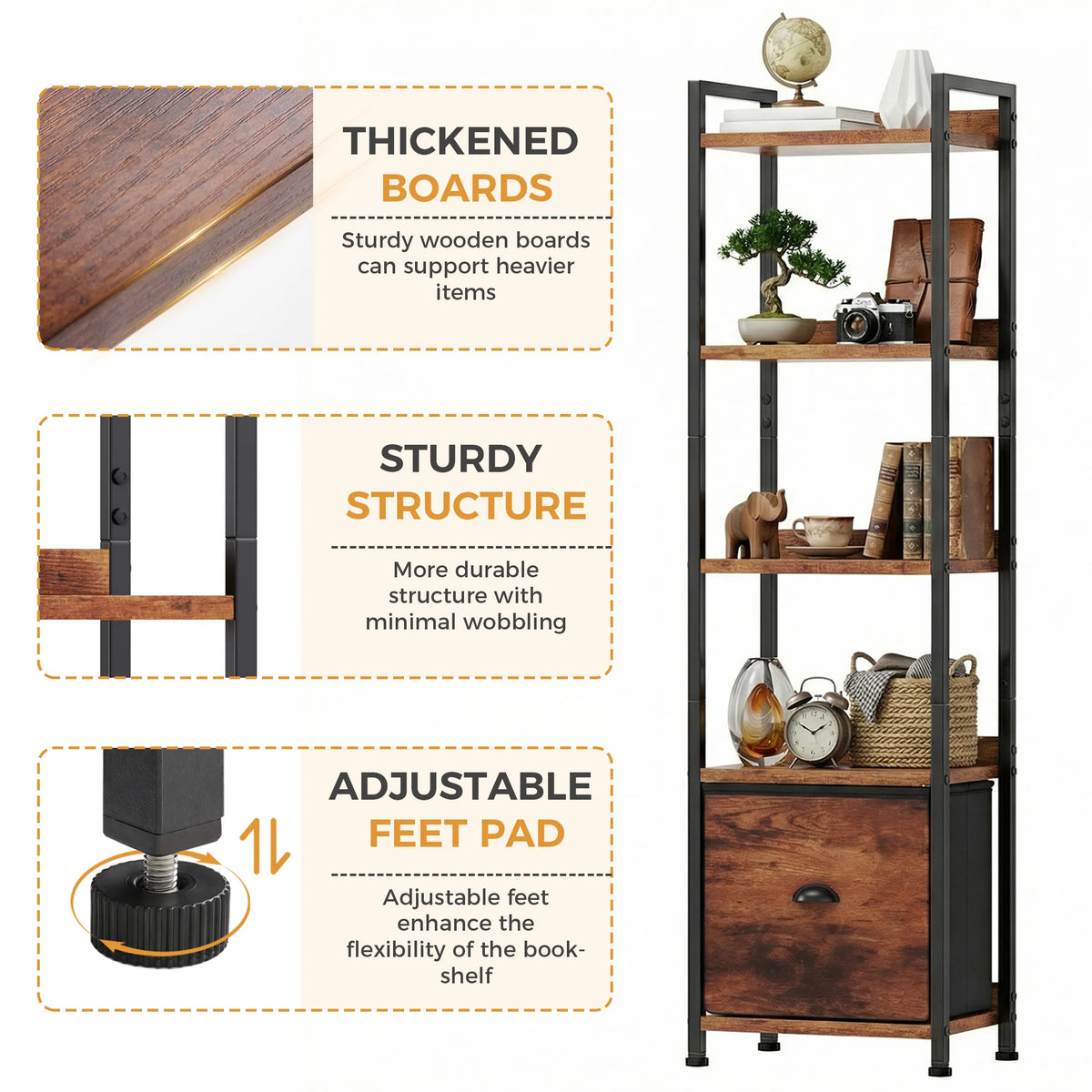 Industrial Metal Bookshelf With Fabric Drawer And Display Shelves
