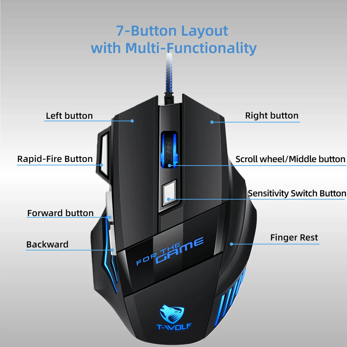 T-WOLF RGB Wired Optical Gaming Mouse 7 Buttons 2400 DPI