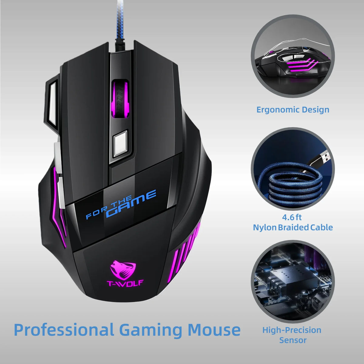 T-WOLF RGB Wired Optical Gaming Mouse 7 Buttons 2400 DPI