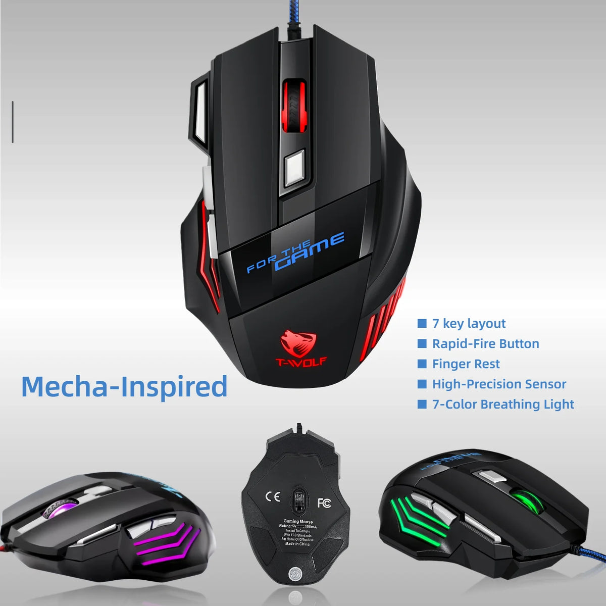 T-WOLF RGB Wired Optical Gaming Mouse 7 Buttons 2400 DPI