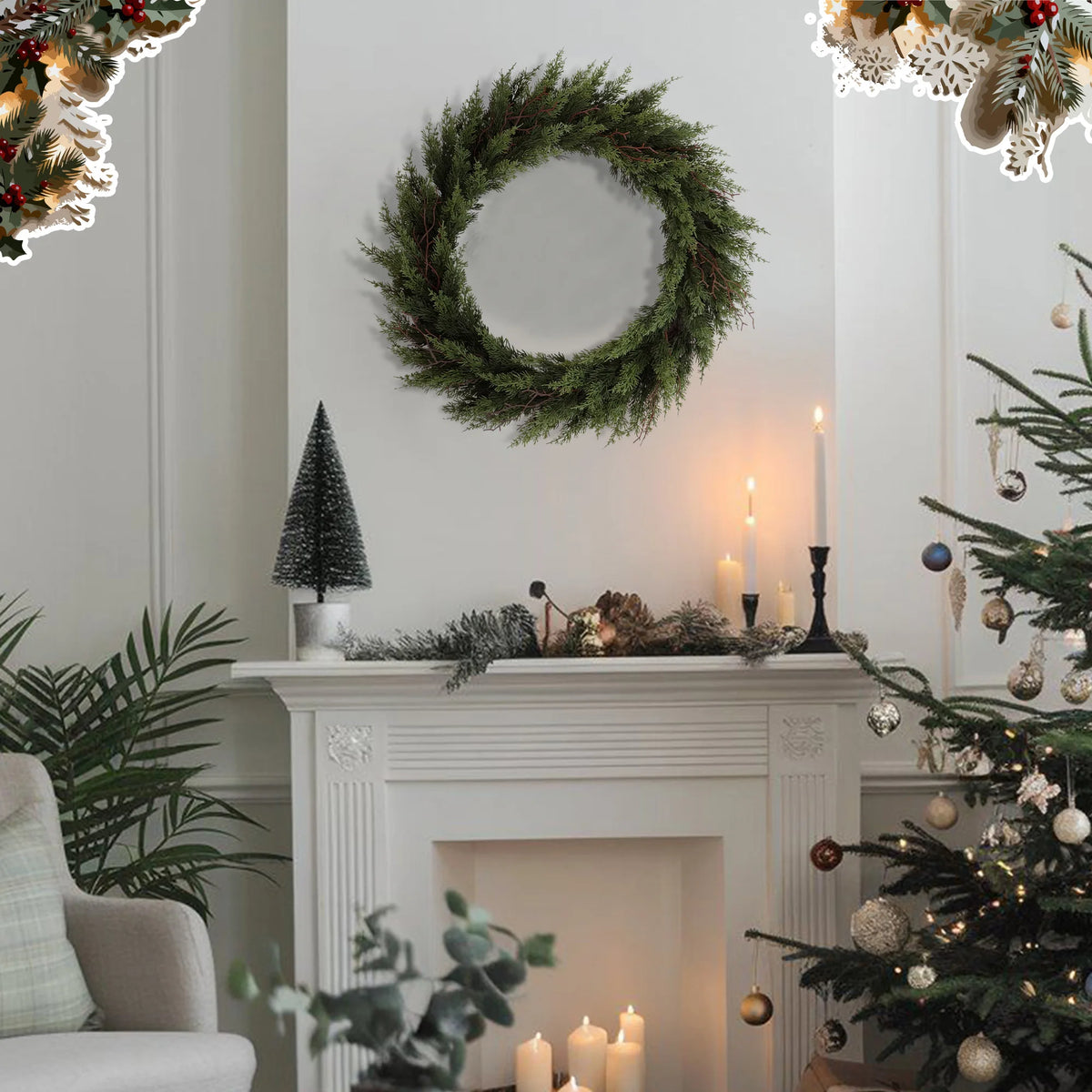 Olitree Foldable Artificial Cedar Christmas Wreath With Pinecones And Berries