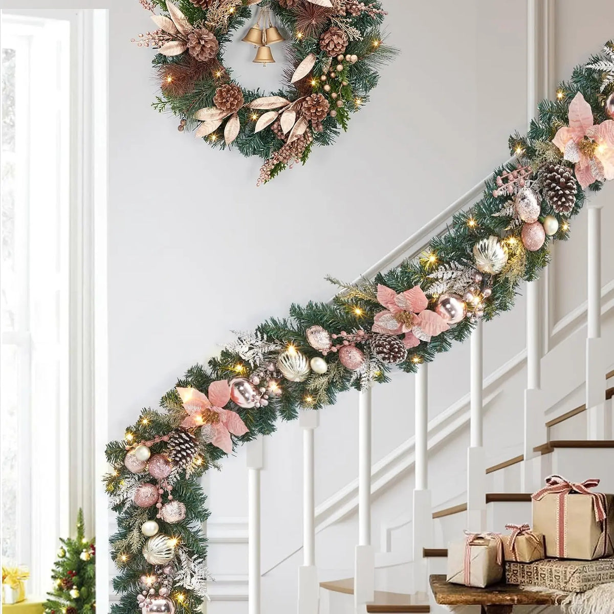 Tacleekii Prelit Christmas Garland With Timer And Festive Ornaments
