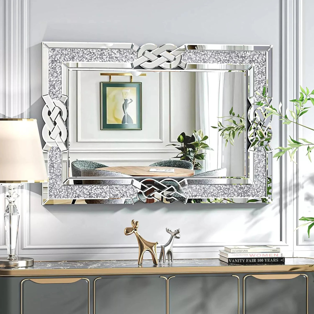 Wisfor Crushed Diamond Rectangular Wall Mirror With Glam Crystal Frame