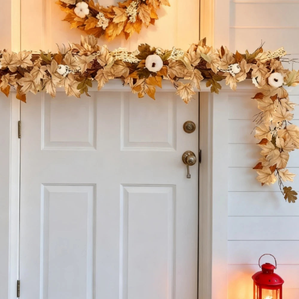 Artificial Pumpkin Maple Leaf Wreath Garland For Fall Decor