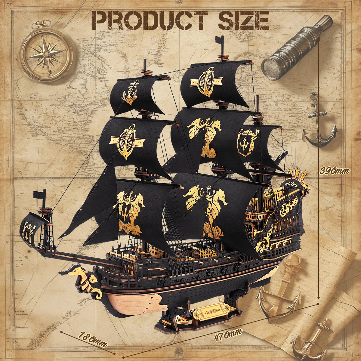ROKR Seahorse Barque Wooden 3D Puzzle Shipbuilding Kit for Adults