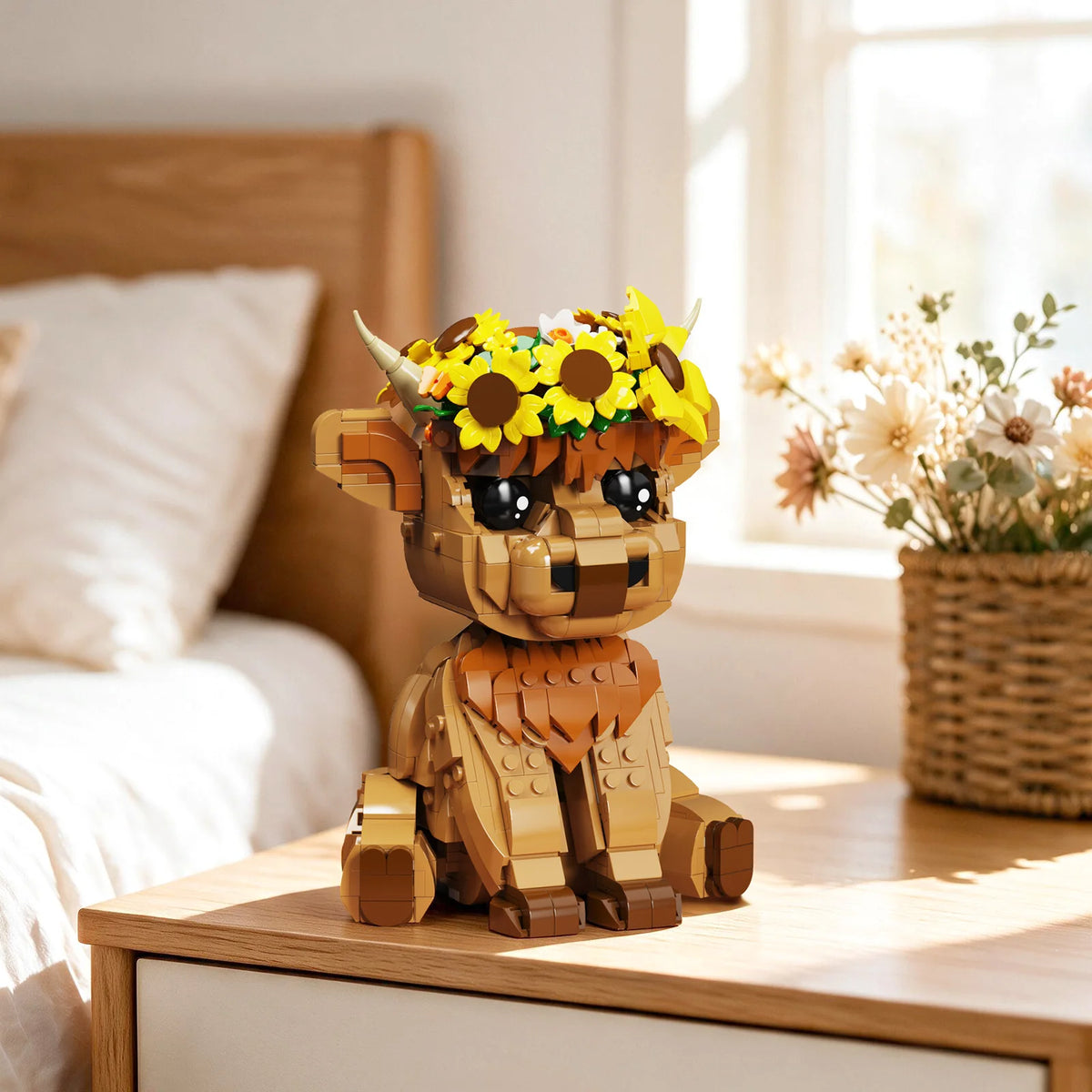 BuildMoc Highland Cow Building Set With Sunflower Display Decor