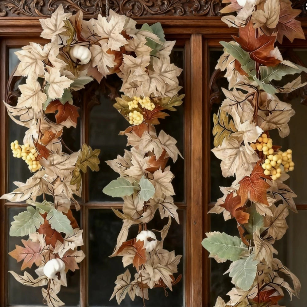 Artificial Pumpkin Maple Leaf Wreath Garland For Fall Decor
