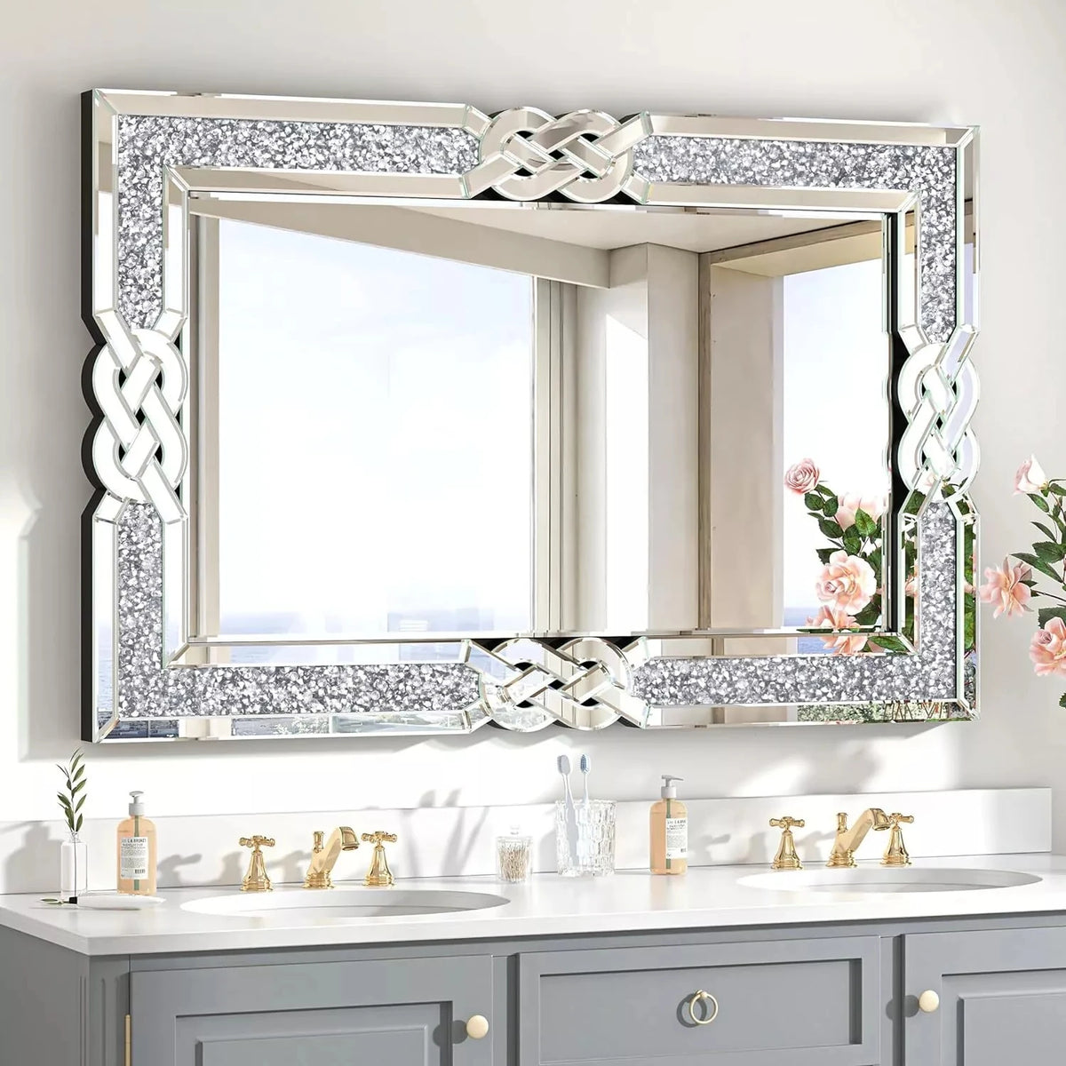 Wisfor Crushed Diamond Rectangular Wall Mirror With Glam Crystal Frame