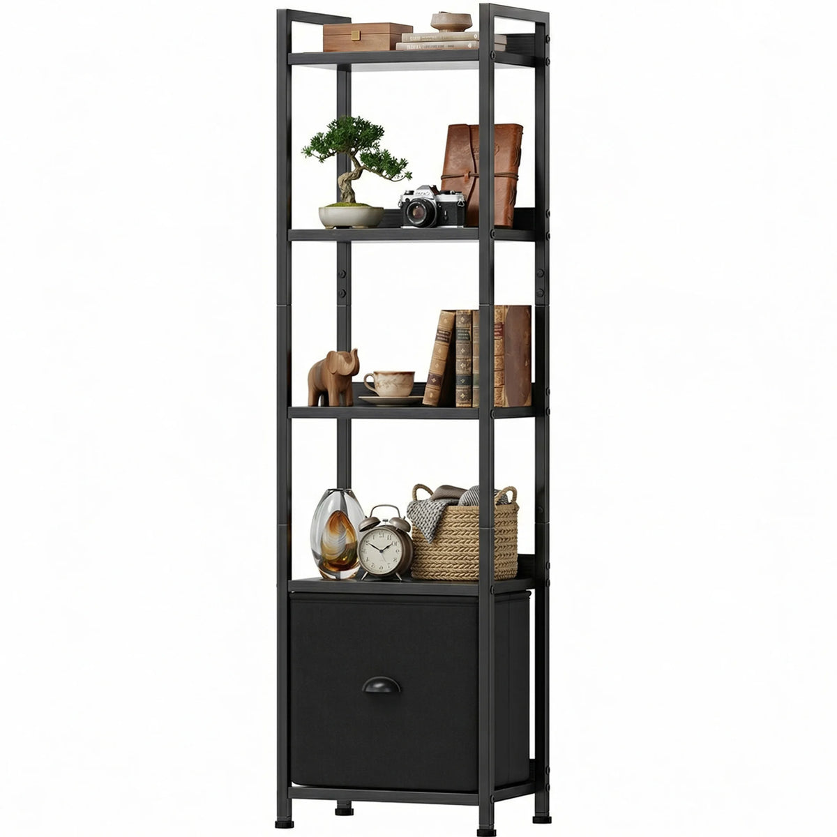 Industrial Metal Bookshelf With Fabric Drawer And Display Shelves