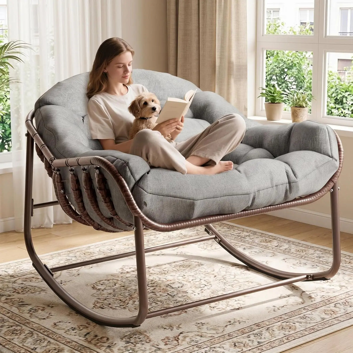 HiMISS Outdoor Papasan Egg Rocking Chair With Wicker Cushion