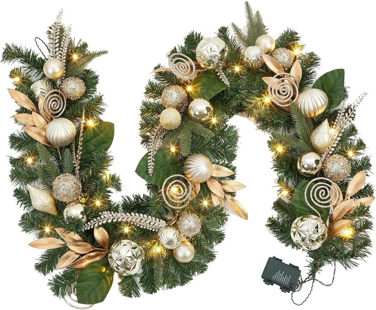 Tacleekii Prelit Christmas Garland With Timer And Festive Ornaments
