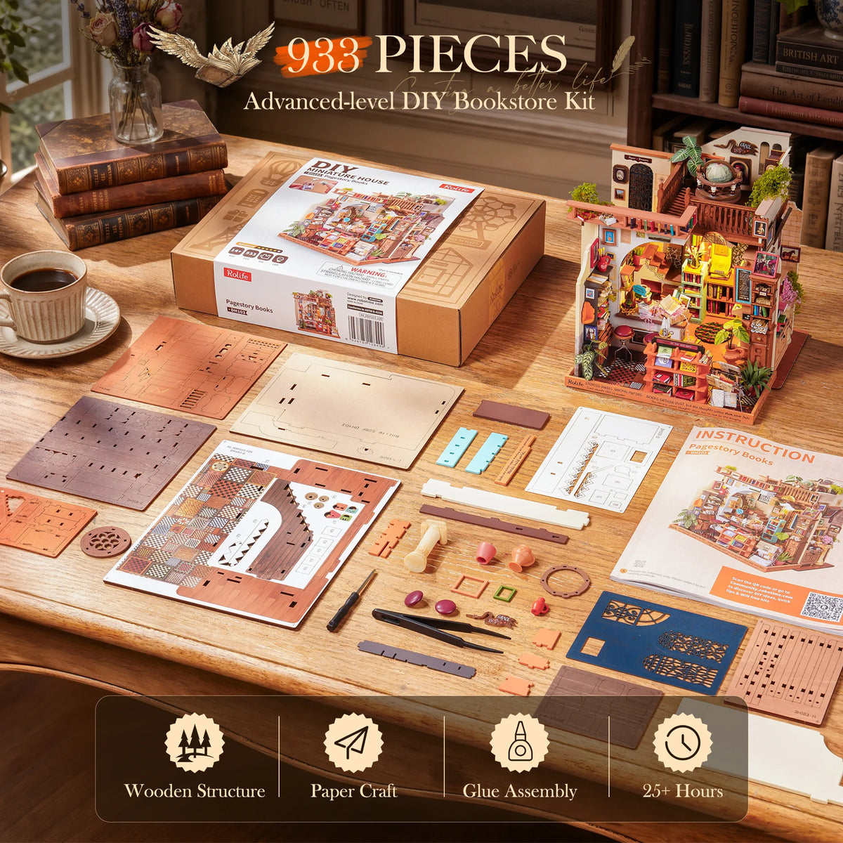 Rolife Pagestory Bookstore Wooden DIY Miniature Dollhouse Puzzle Kit