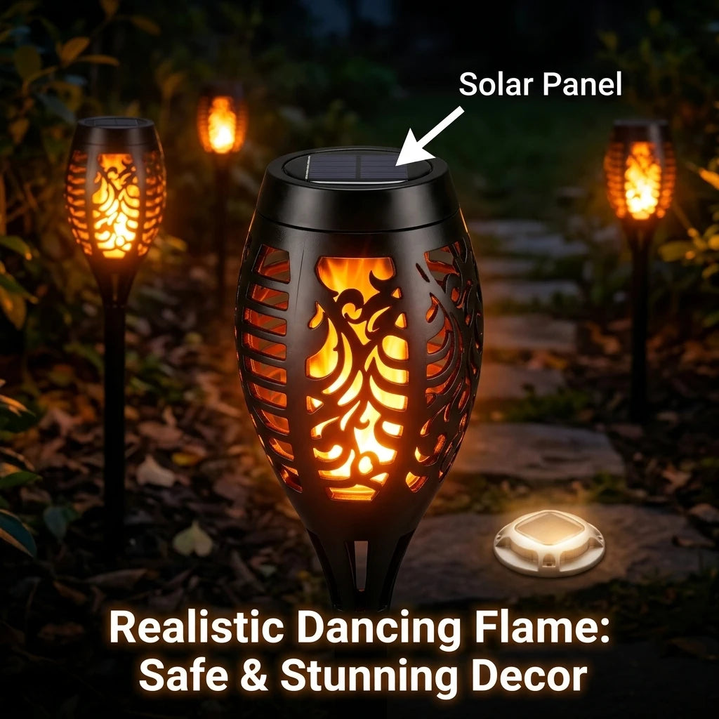 Solar Outdoor Flame Torch and Ground Pathway Lights for Gardens