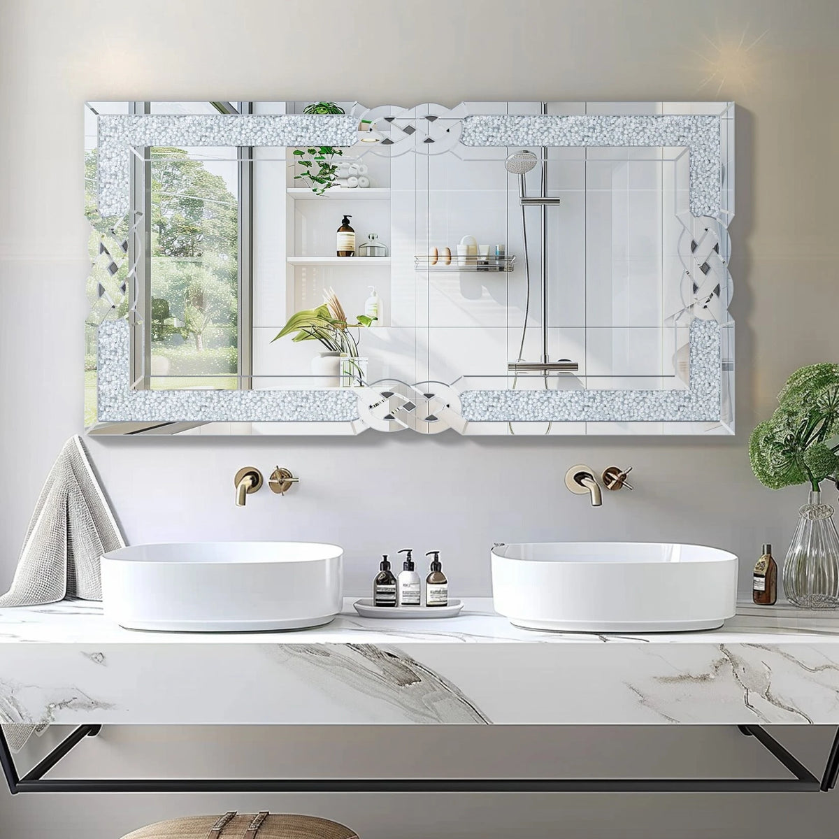 Wisfor Crushed Diamond Rectangular Wall Mirror With Glam Crystal Frame