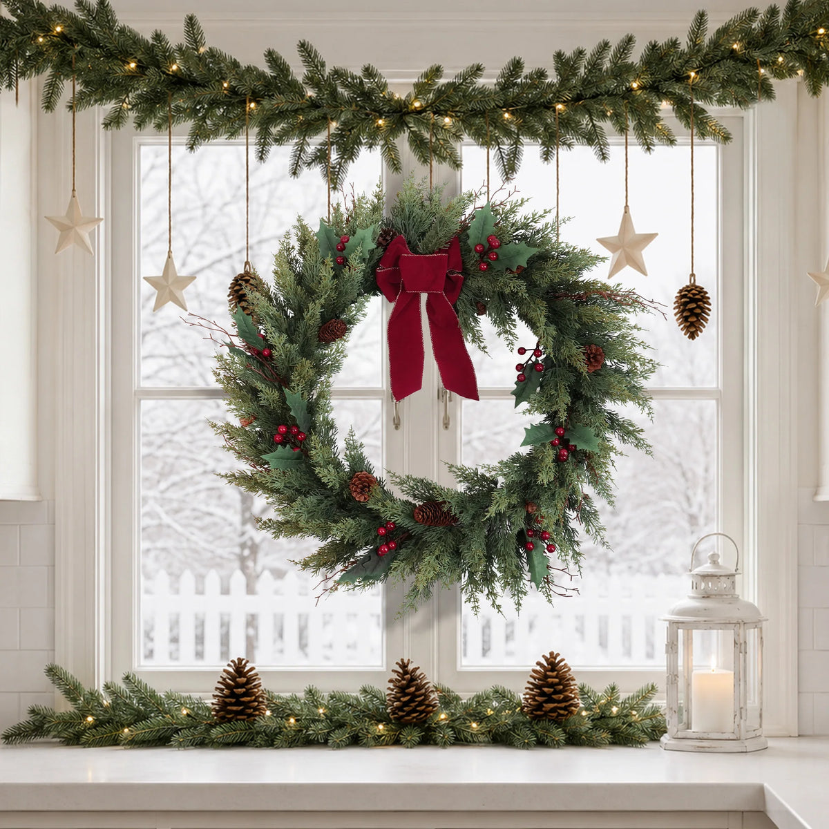 Olitree Foldable Artificial Cedar Christmas Wreath With Pinecones And Berries