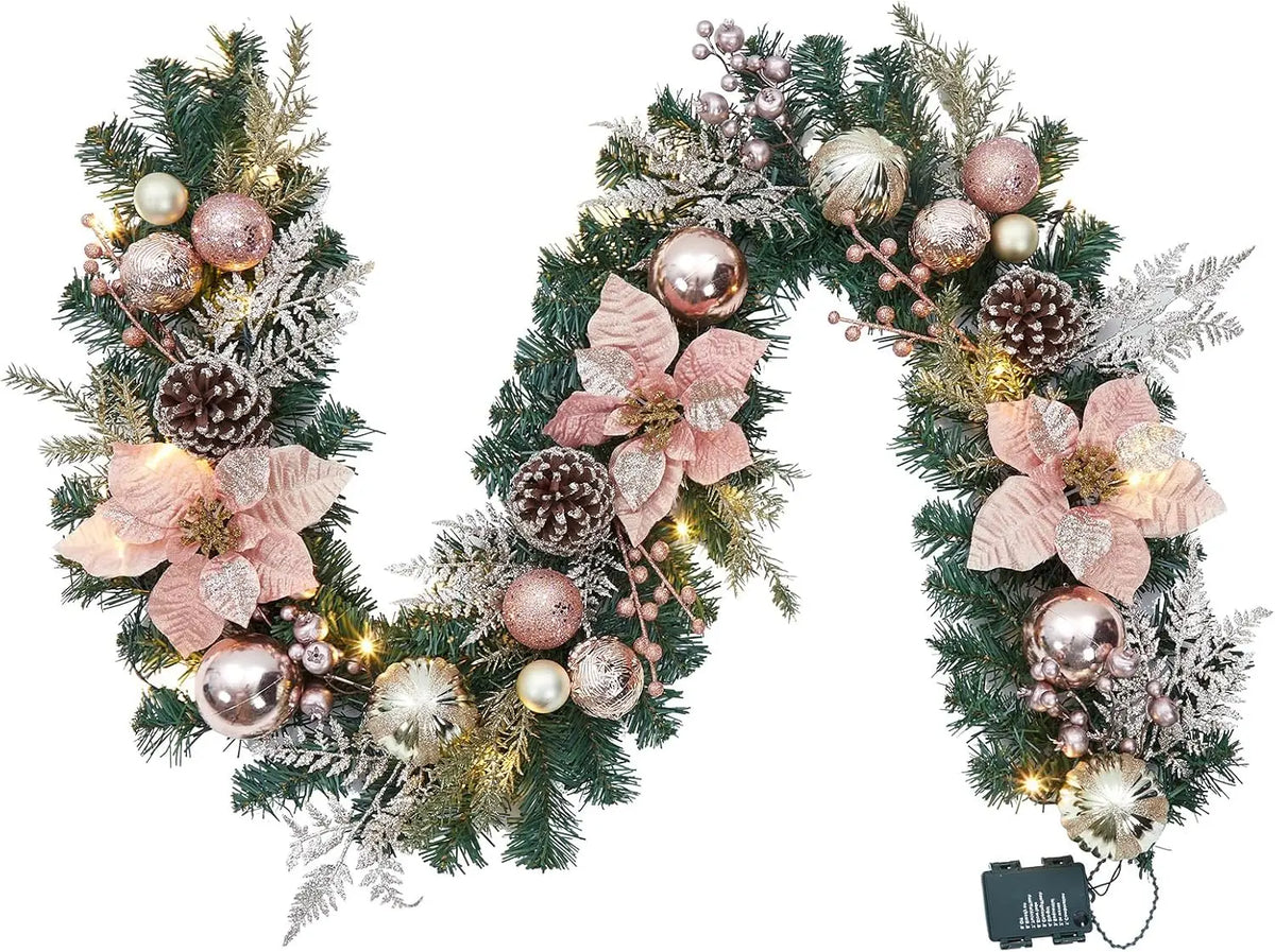 Tacleekii Prelit Christmas Garland With Timer And Festive Ornaments