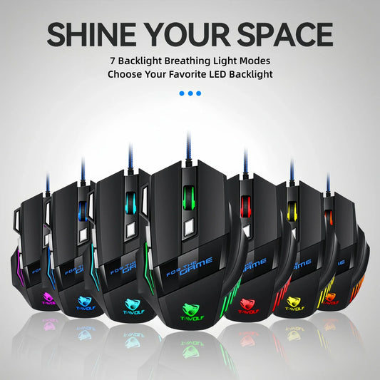 T-WOLF RGB Wired Optical Gaming Mouse 7 Buttons 2400 DPI