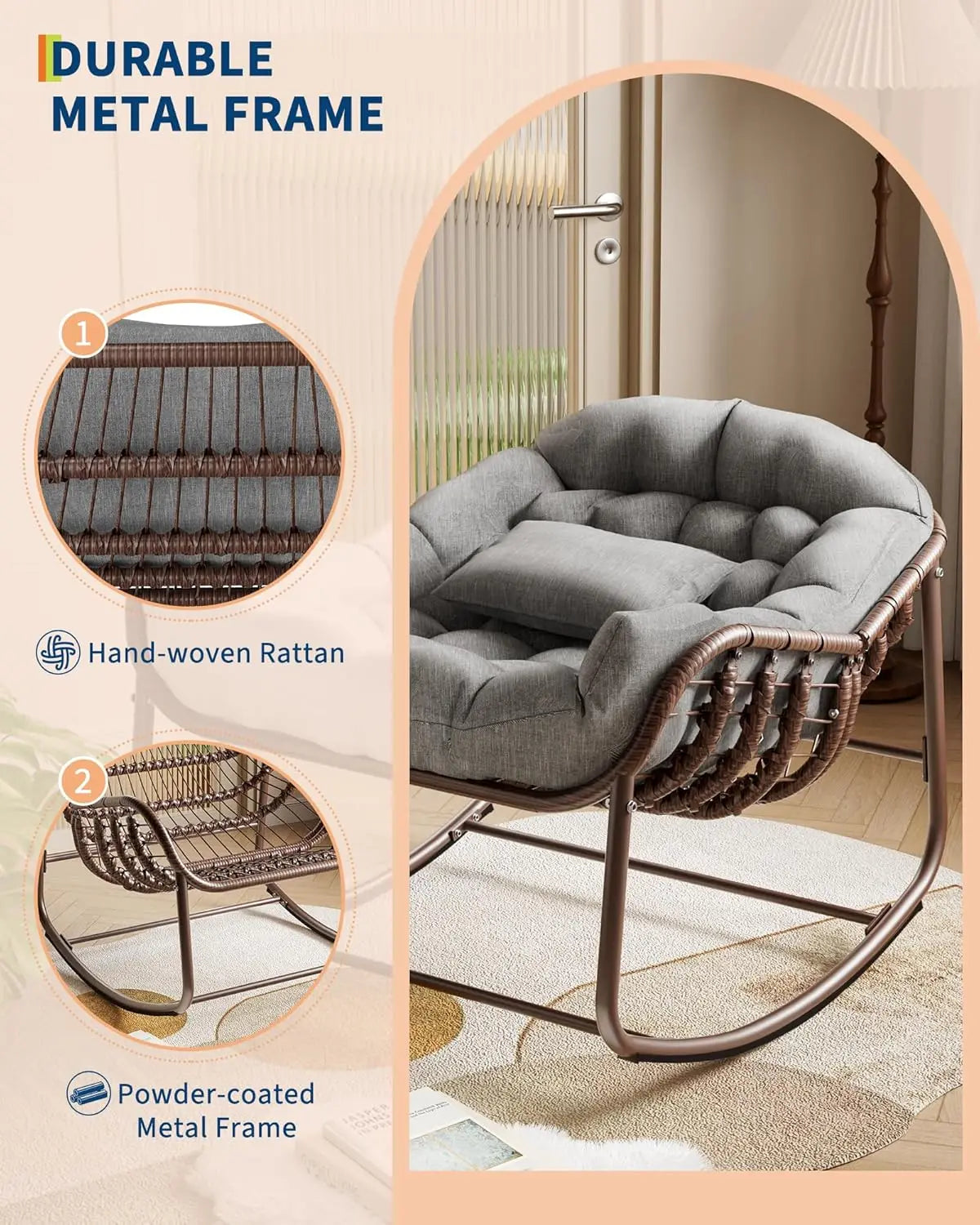 HiMISS Outdoor Papasan Egg Rocking Chair With Wicker Cushion
