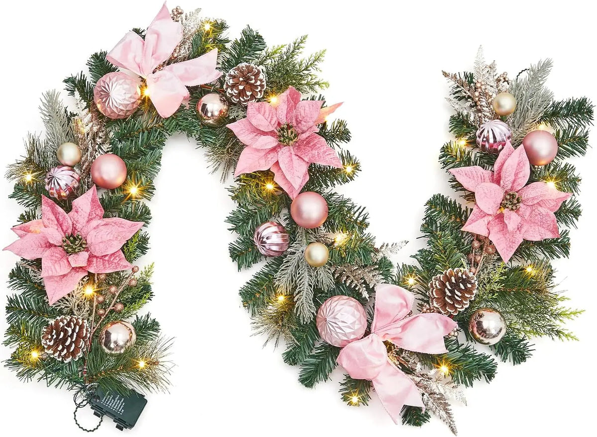 Tacleekii Prelit Christmas Garland With Timer And Festive Ornaments