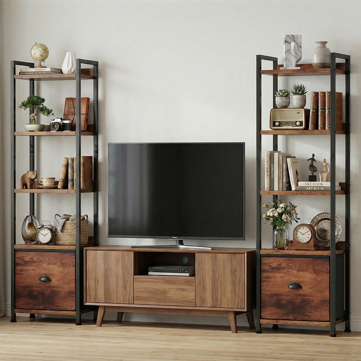 Industrial Metal Bookshelf With Fabric Drawer And Display Shelves