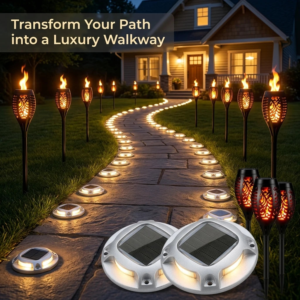 Solar Outdoor Flame Torch and Ground Pathway Lights for Gardens