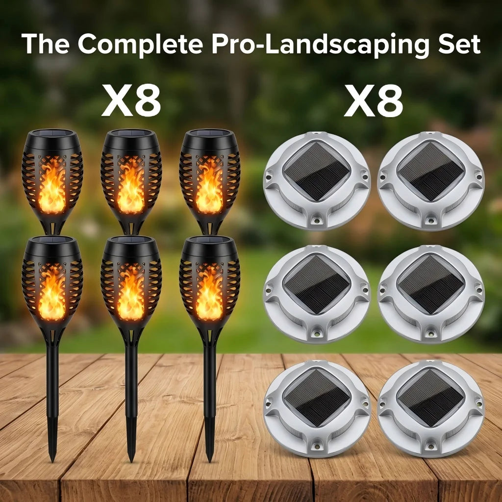 Solar Outdoor Flame Torch and Ground Pathway Lights for Gardens