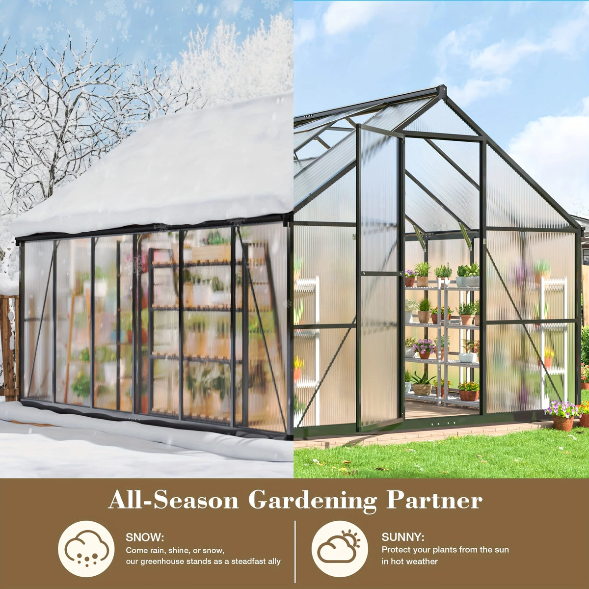 VIWAT Polycarbonate Greenhouse with Aluminum Frame and Vent Roof