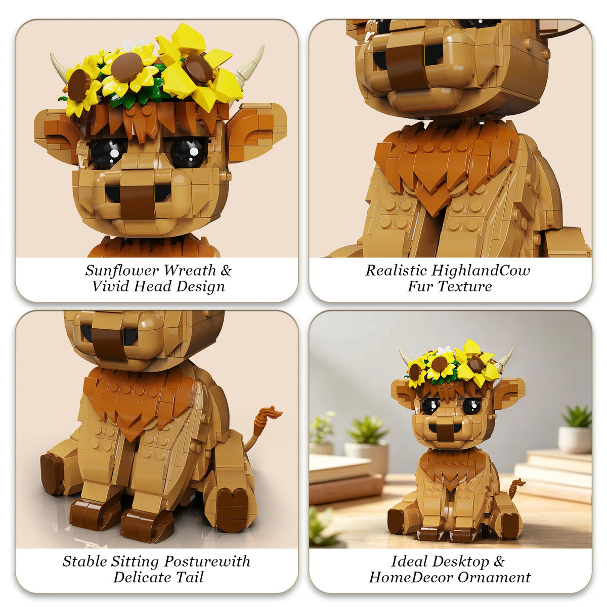 BuildMoc Highland Cow Building Set With Sunflower Display Decor